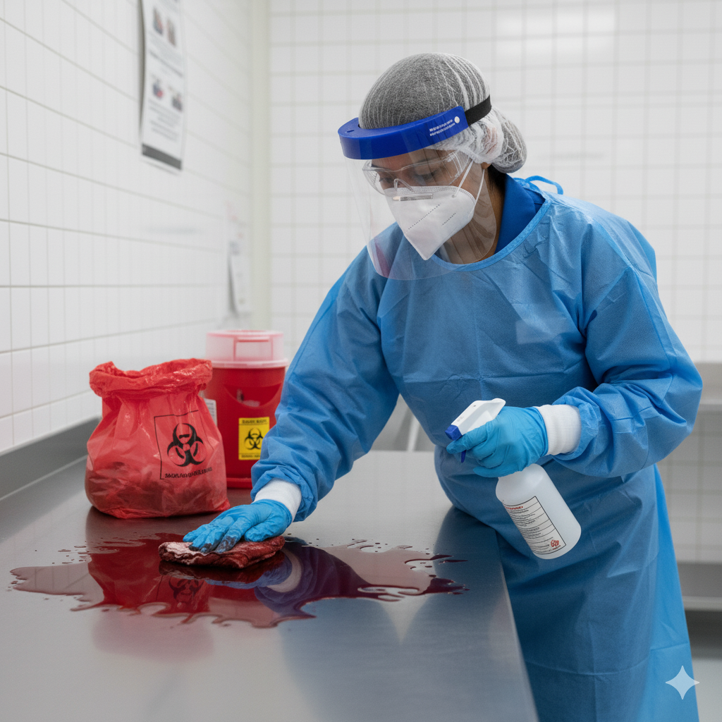 Person wearing a safety gown, symbolizing protection in the course.
